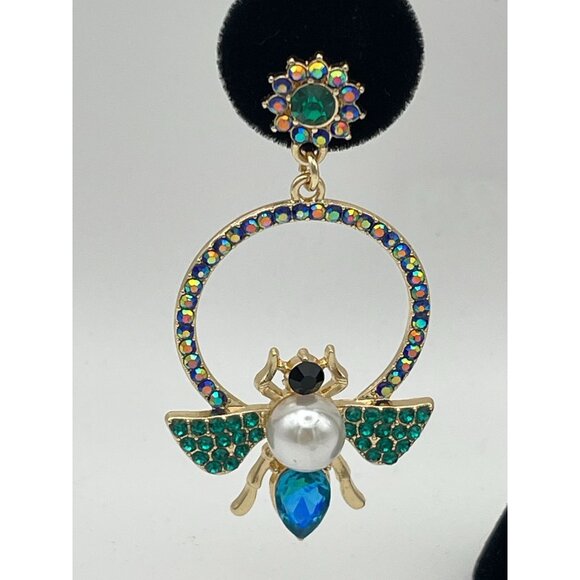 Pierced Earrings Butterfly Insect Blue Green Aurora Borealis Rhinestones Post St - Picture 2 of 7